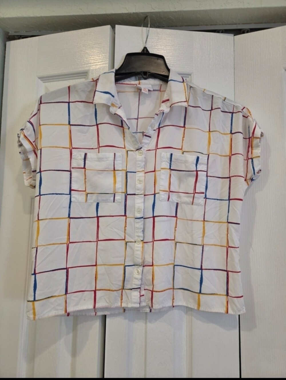 White Grid Print Button Down Women's Top - Multicolor Lines